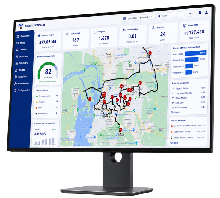Tela do sistema Rastrac em monitor para gestão de frotas