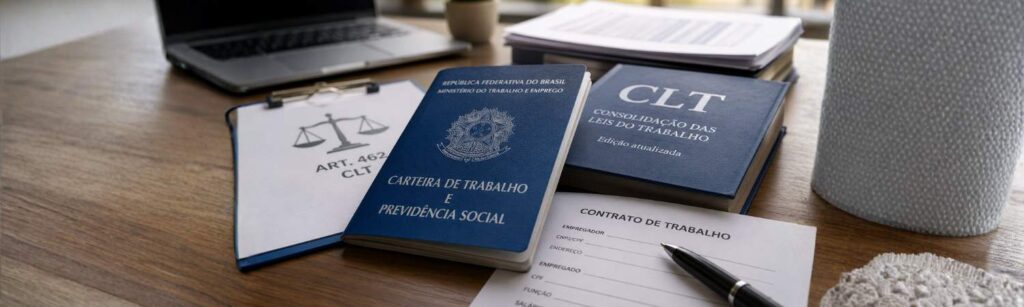Carteira de Trabalho (CTPS), contrato de trabalho e legislação da CLT representando as regras para desconto de multas de trânsito no salário do motorista.
