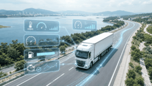 Caminhão conectado à Rede CAN transmitindo dados de temperatura, RPM, velocidade e consumo em tempo real.