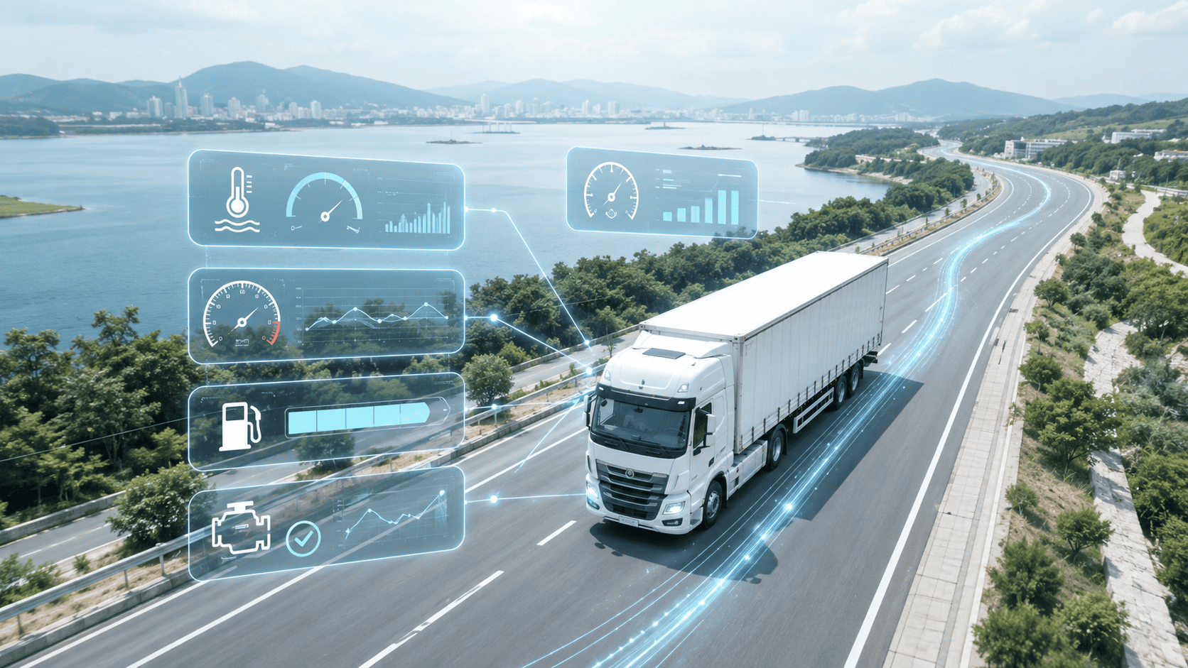 Caminhão conectado à Rede CAN transmitindo dados de temperatura, RPM, velocidade e consumo em tempo real.